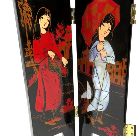 Geisha Mini FOLDING SCREEN Black Lacquer 6 Panel Asian Women Vintage - Picture 3 of 12